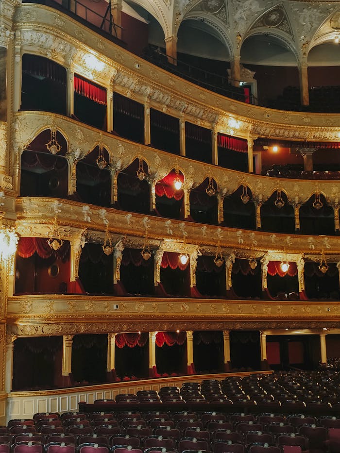 Luxurious opera house interior featuring ornate gold designs and red velvet balconies.